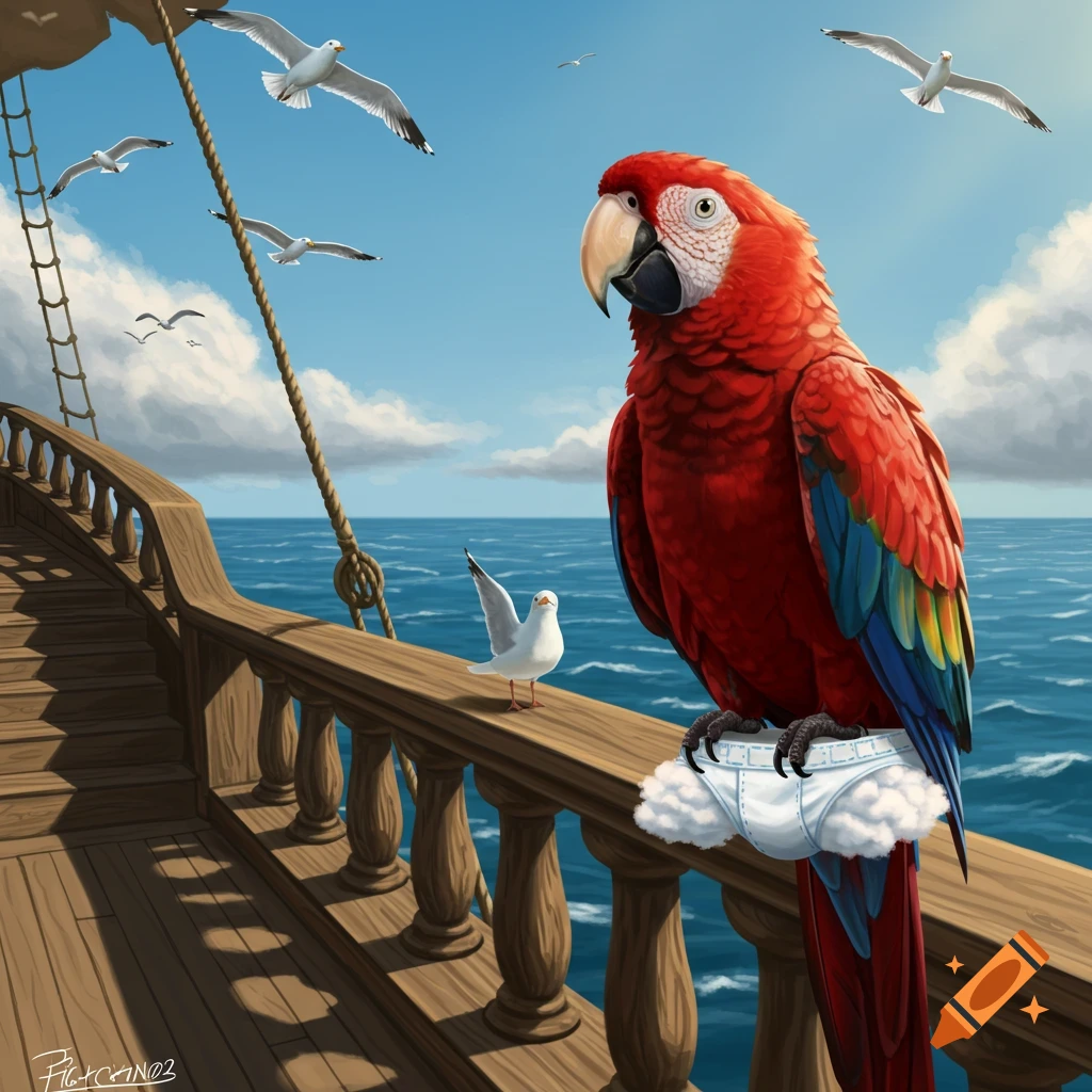 A proud red parrot perched on a pirate ship railing, wearing fluffy cloud underwear, with seagulls flying over the ocean.