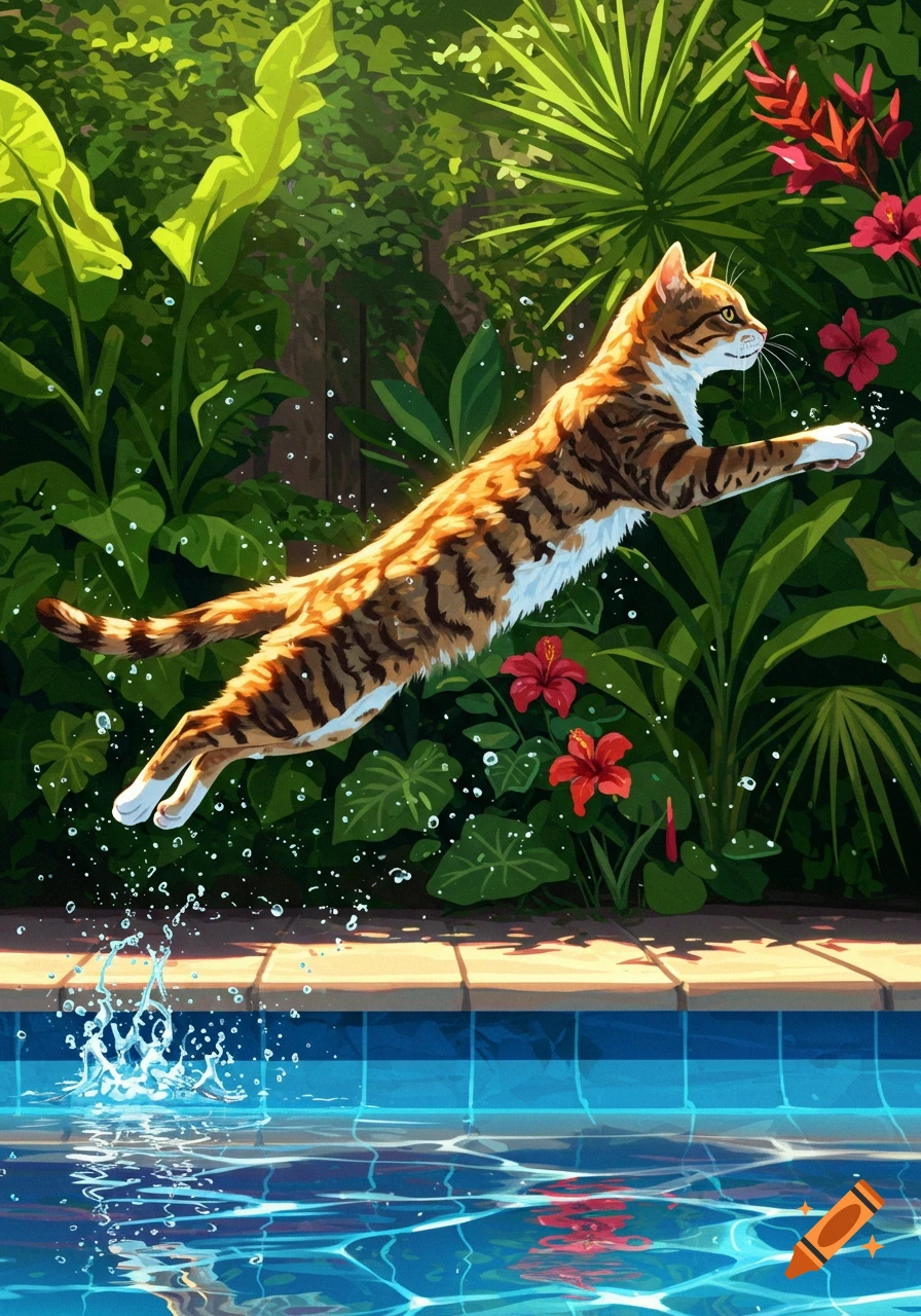 A striped cat jumps over a blue swimming pool, splashing water, against lush tropical foliage and red flowers. Digital art.