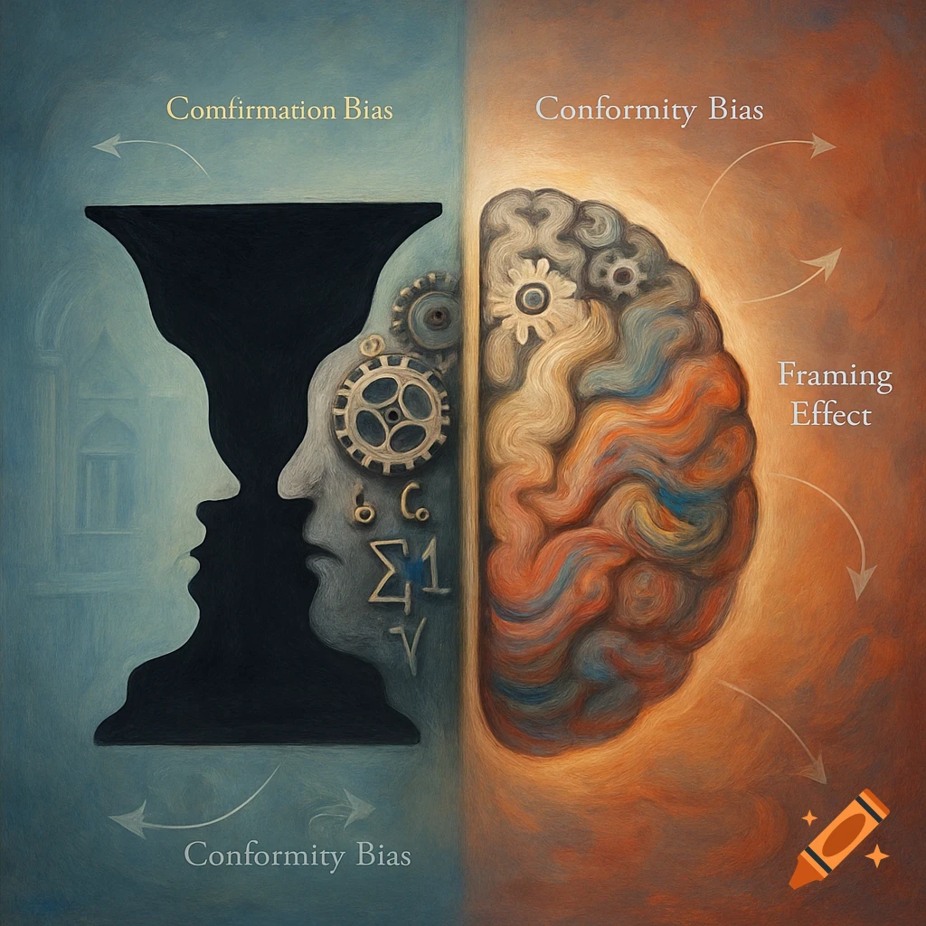 Stylized illustration of Rubin's Vase optical illusion next to a brain split into mechanical and organic halves, with bias labels.