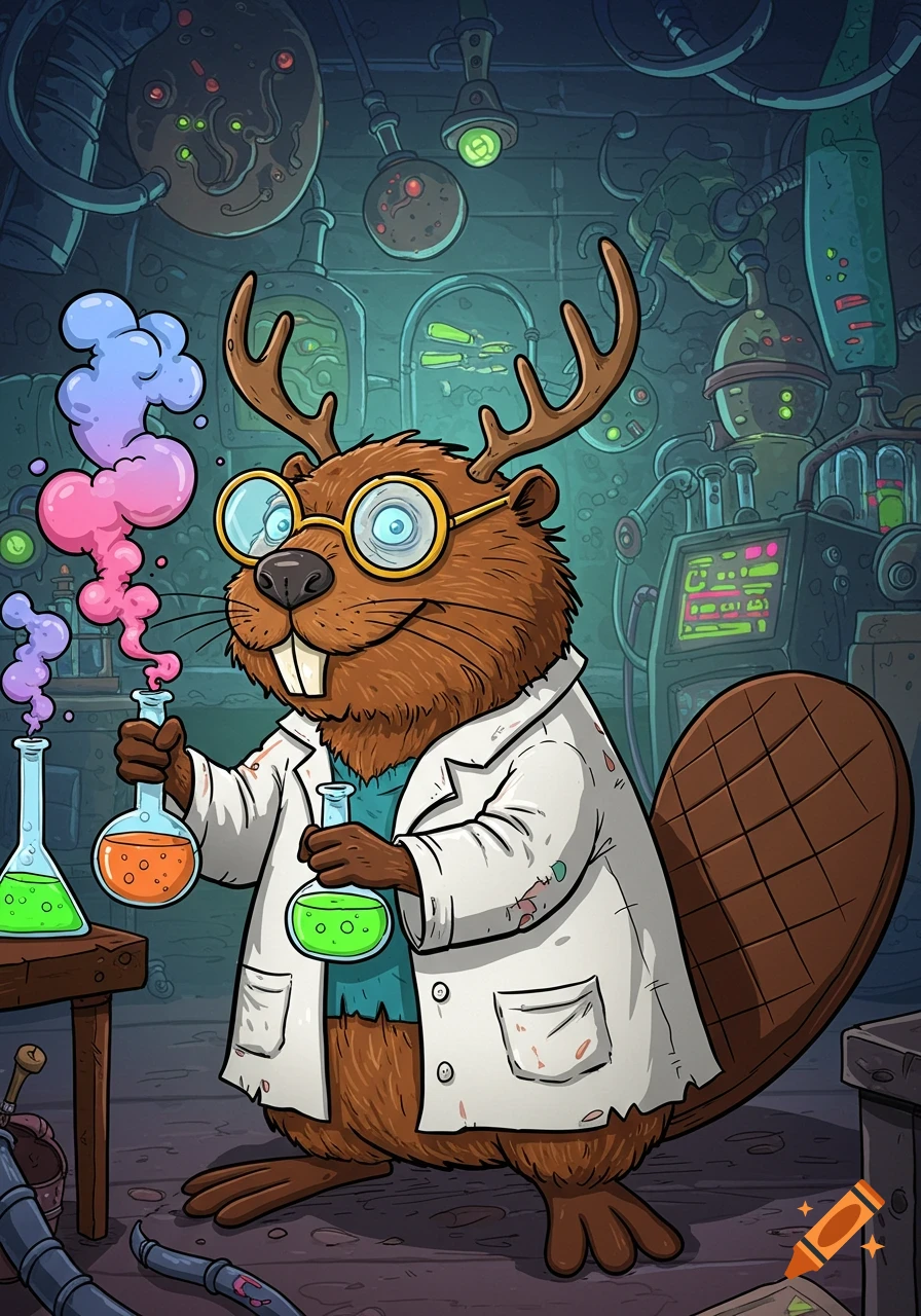 A cartoon beaver with antlers, wearing glasses and a white lab coat, holding two beakers with colorful liquids in a mad scientist laboratory.