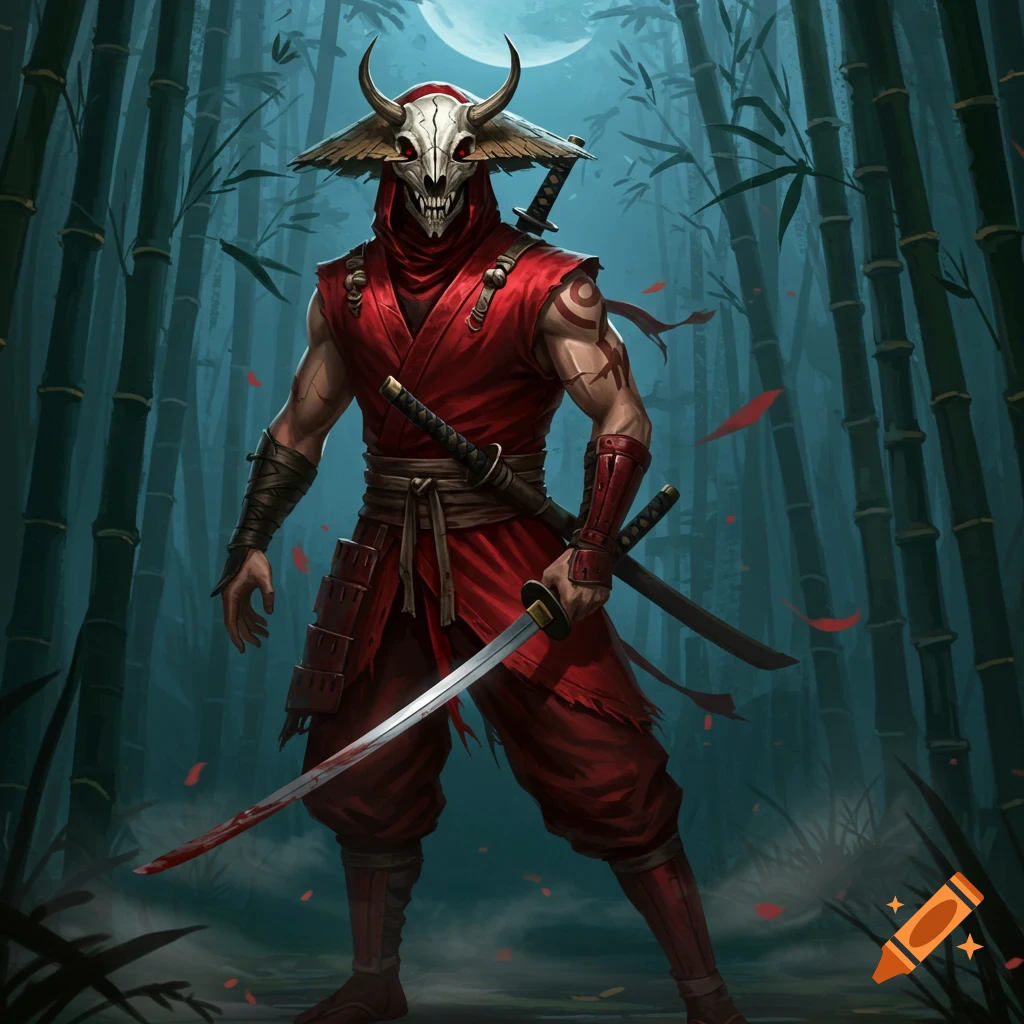 A masked ninja in a bloodred outfit with a skull mask and horns holds a bloodied katana in a bamboo forest under a full moon.