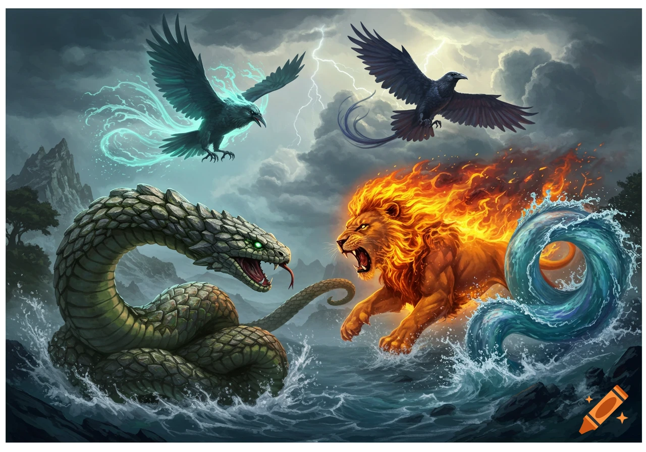 A stylized depiction of four elemental creatures battling: a green earth snake, a glowing raven, a fiery lion, and a blue water creature, all amidst stormy skies and crashing waves.