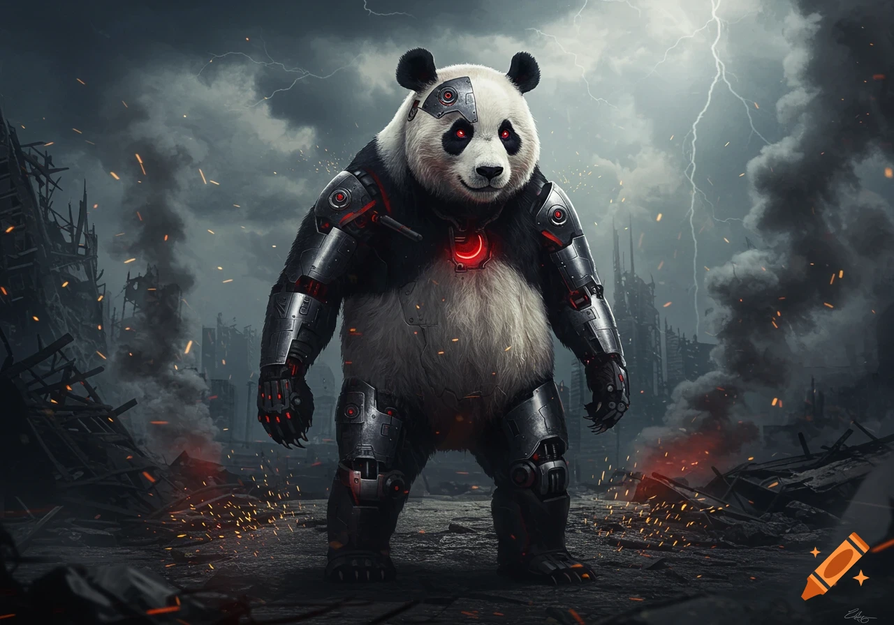 A muscular panda cyborg with glowing red eyes and chest armor stands in a destroyed city with lightning, smoke, and embers flying.