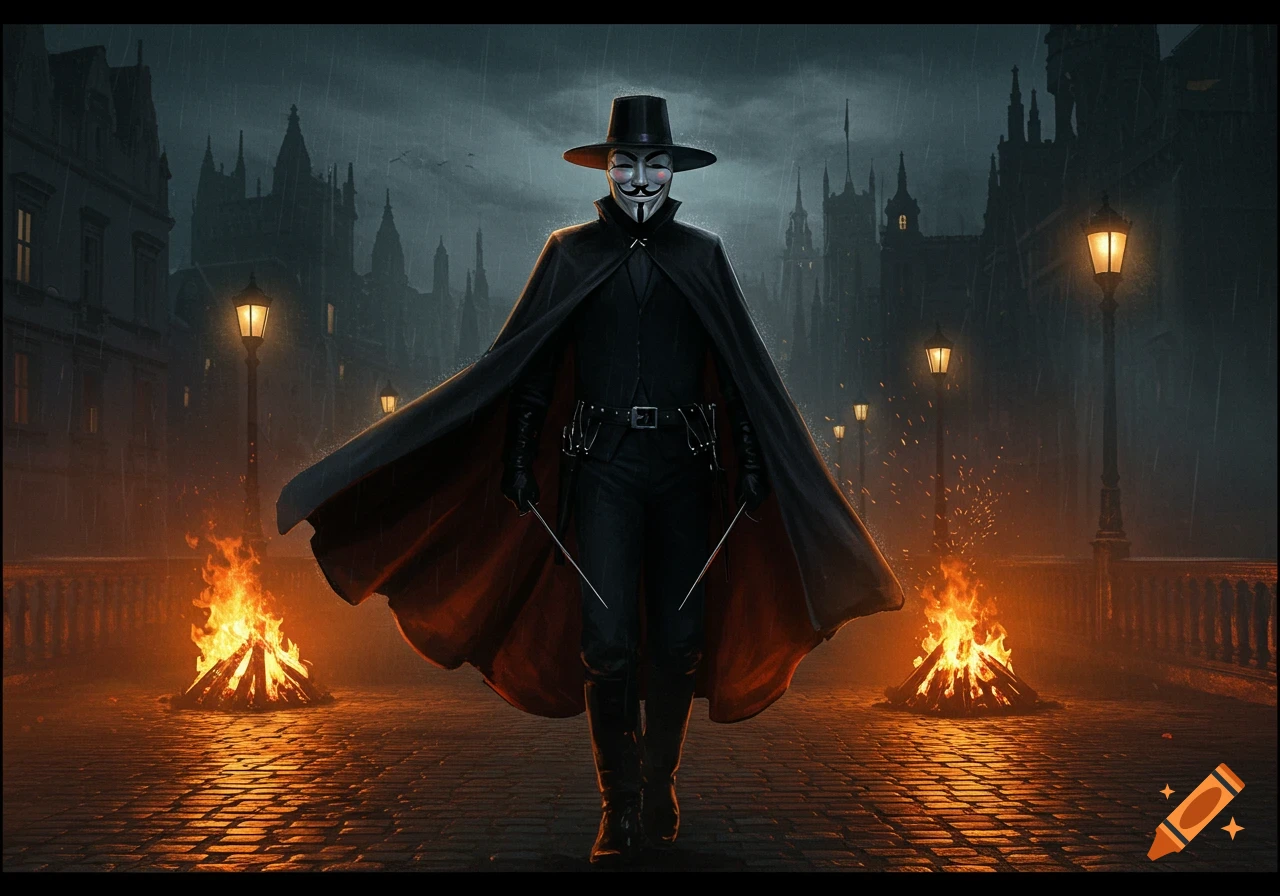 The V for Vendetta character in a dark cape and Guy Fawkes mask stands on a rainy cobblestone street with burning fires and gothic buildings.