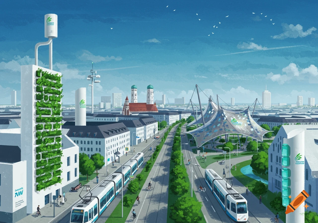 An aerial view of a futuristic city with trams, green-covered buildings, modern tents, and people cycling on tree-lined streets under a blue sky.
