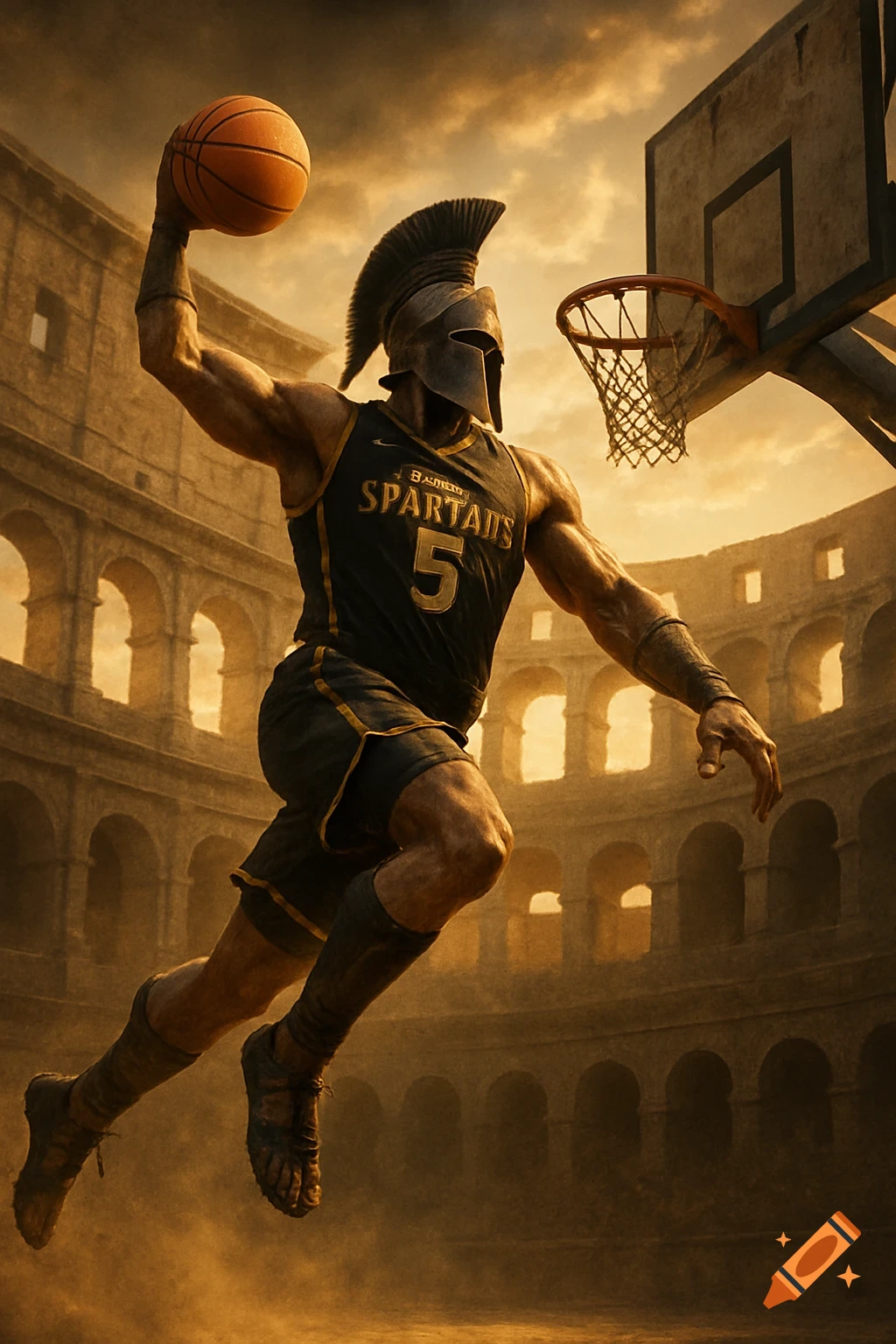 A Spartan warrior in a black and gold basketball uniform dunks a basketball in the Colosseum at sunset.