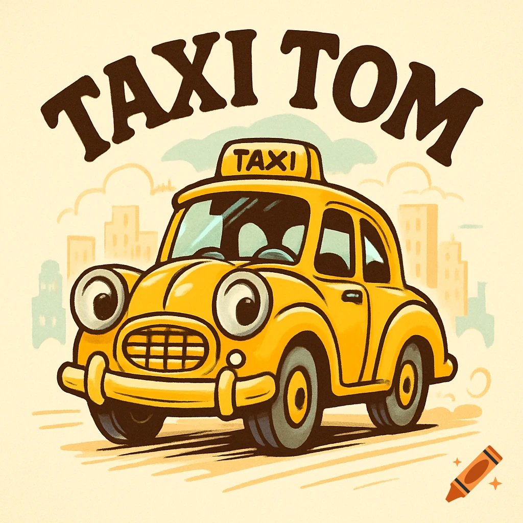Cartoon logo of a yellow taxi car with large eyes, a smiling grille, and 'TAXI TOM' text, set against a city skyline.