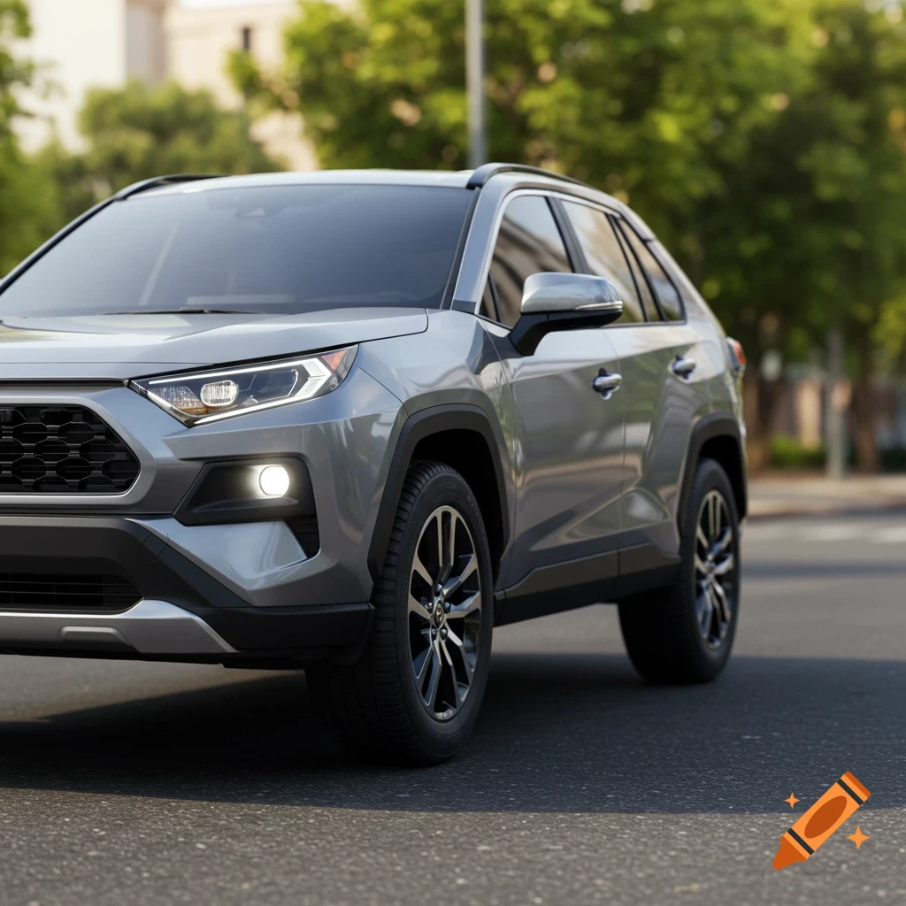 A silver Toyota RAV4 SUV is parked on an asphalt street with trees and buildings in the blurred background.