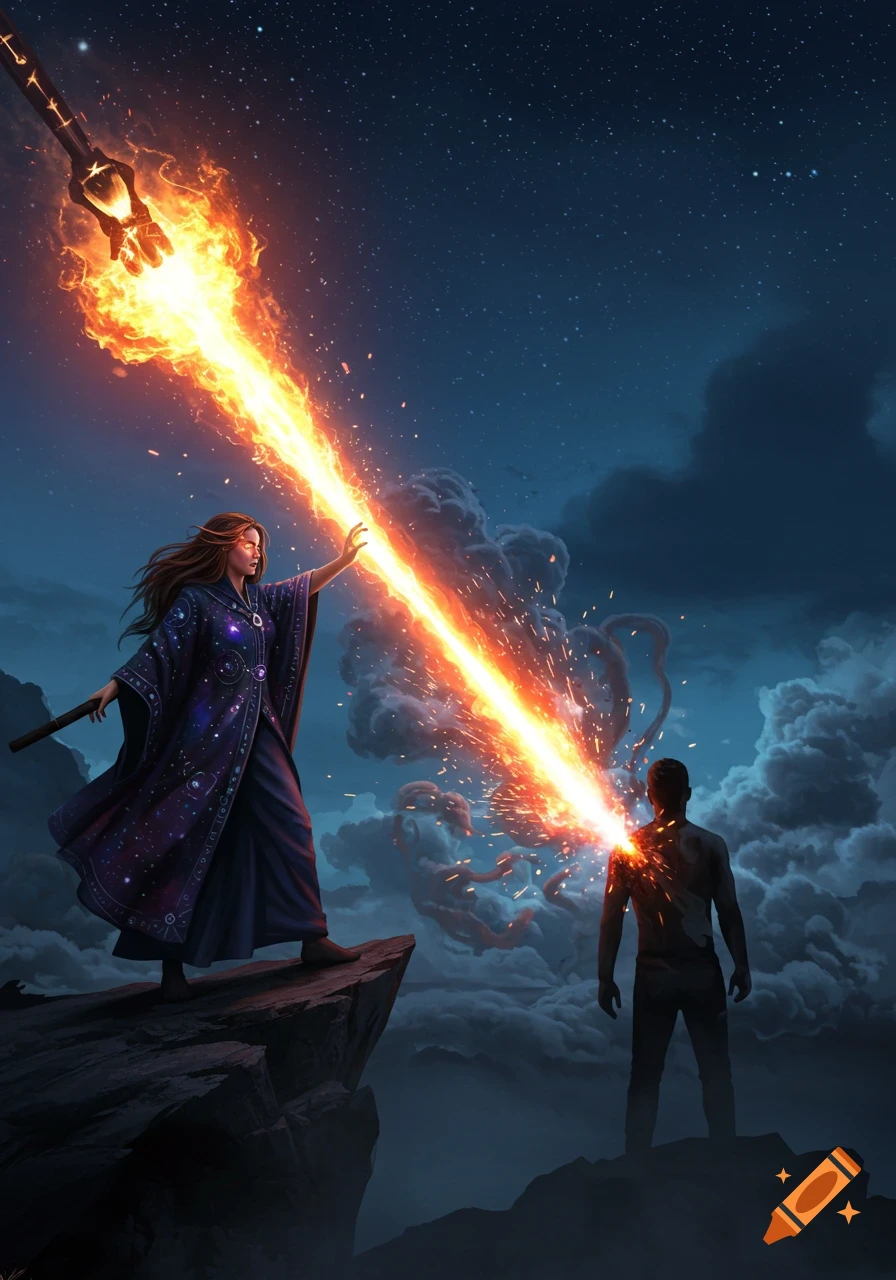 A powerful witch on a cliff casts a fiery beam from her hand, striking a man's back under a starry night sky.
