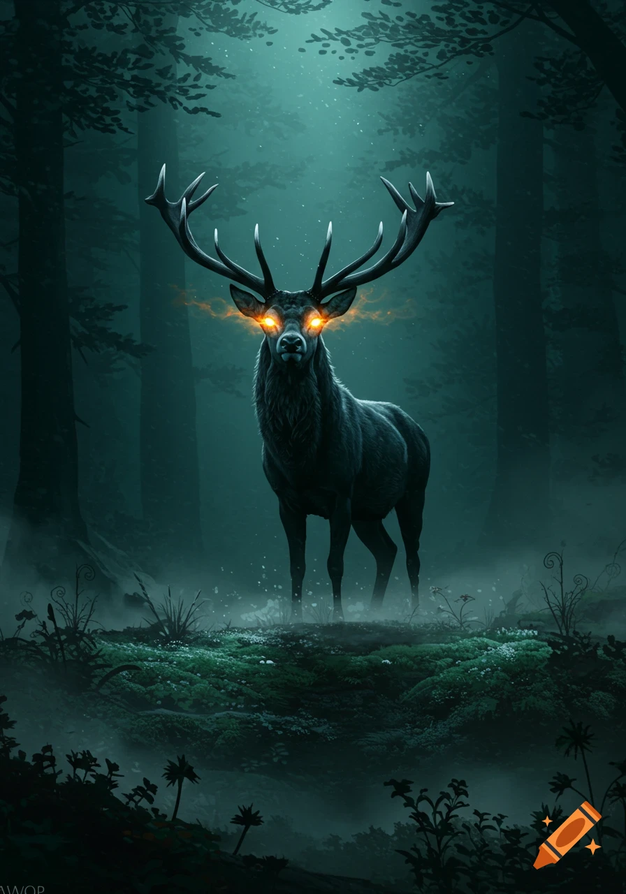 A dark stag with blazing orange eyes stands in a misty, dark forest with an illuminated canopy.