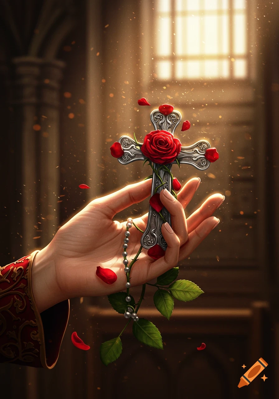 A hand holds an ornate silver cross entwined with a red rose and green vines, with petals falling, in a sunlit church interior.