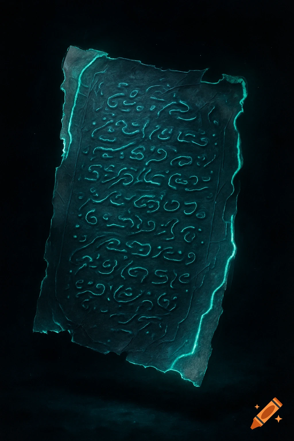 A mysterious, torn page with glowing turquoise alien inscriptions and irregular edges against a dark background.