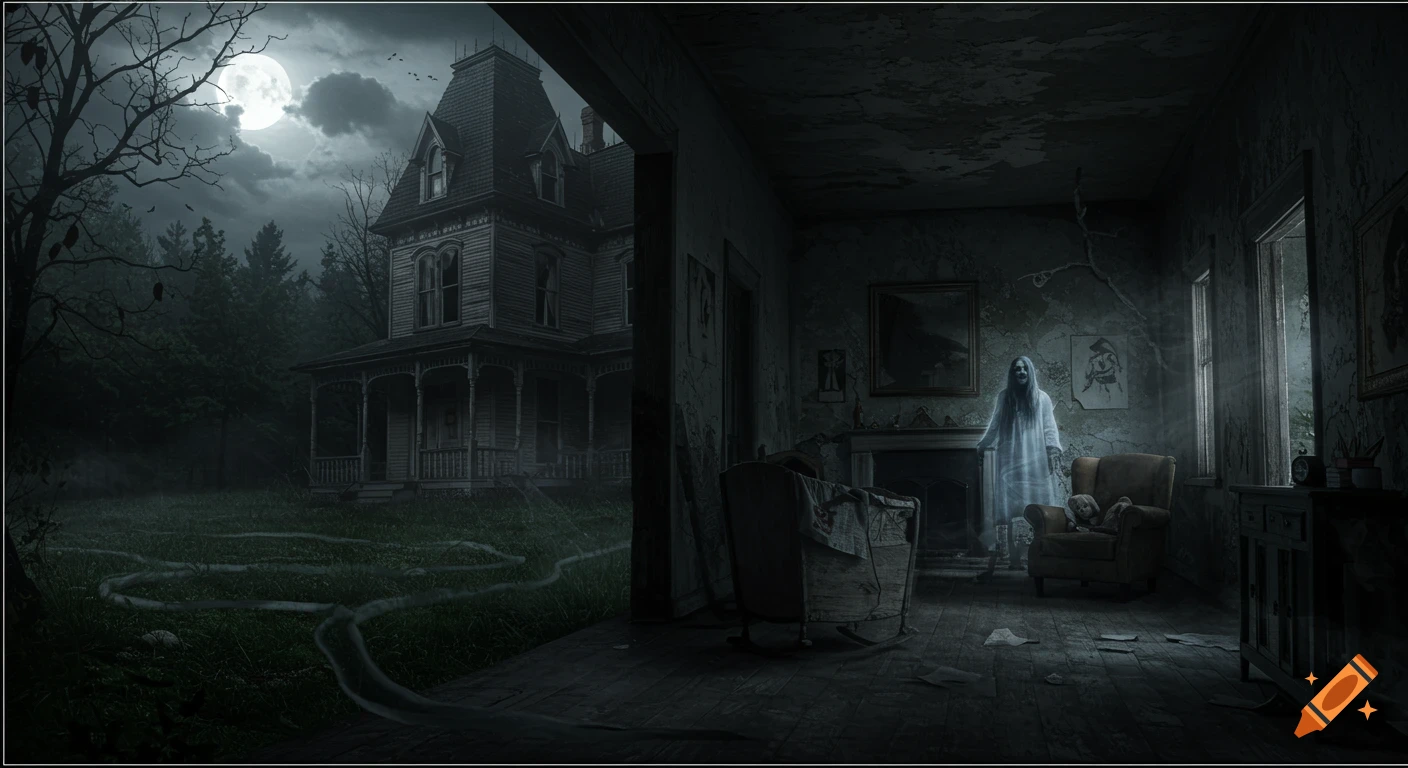 A ghostly figure in a ruined Victorian house interior at night, looking out to the spooky exterior under a full moon.