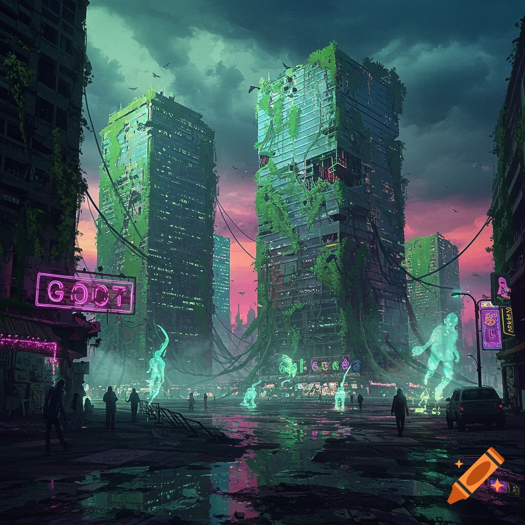 A dark, atmospheric urban landscape at dusk, with overgrown, derelict skyscrapers and glowing neon signs reflected in wet, grimy streets. Translucent, ghost-like figures stand among people, giving a futuristic, post-apocalyptic feel.