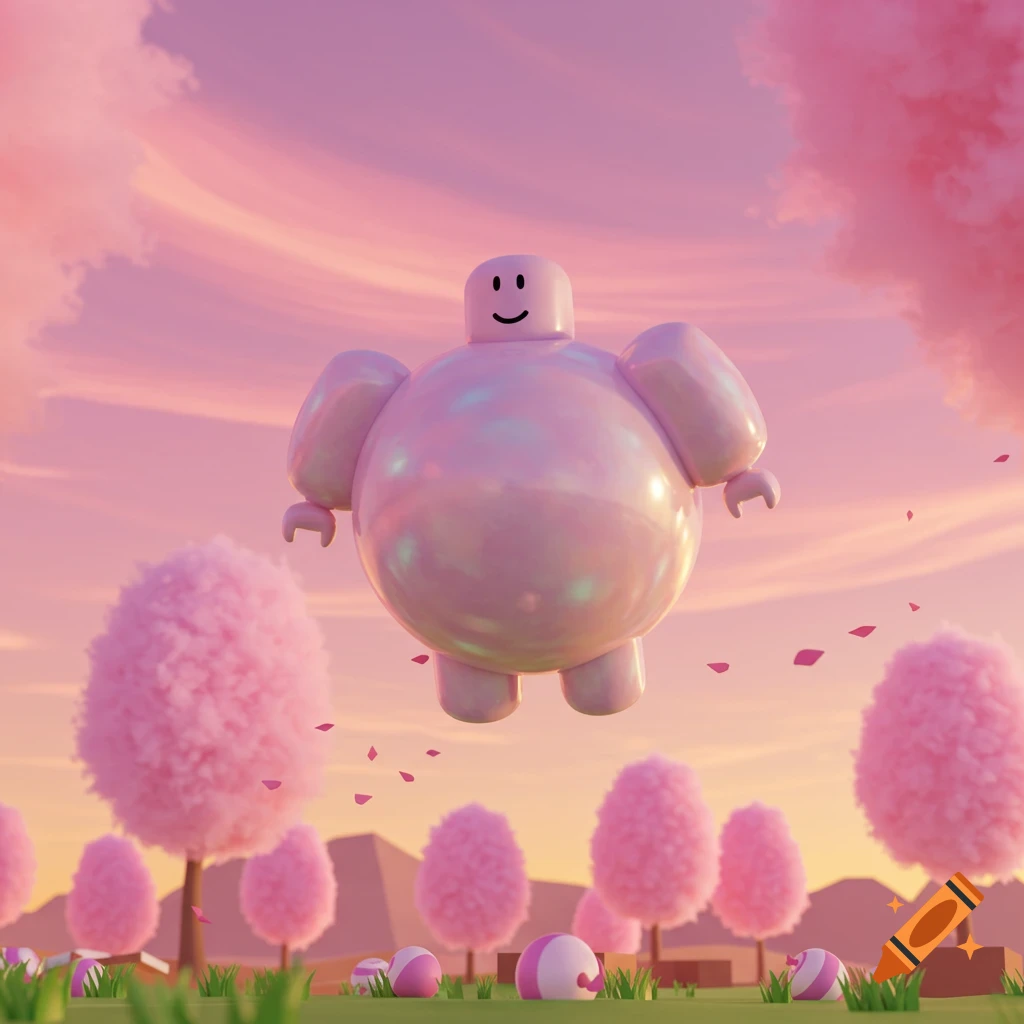 A pink, shiny, balloon-like Roblox character with a smiley face floats above a candy land with pink cotton candy trees and striped balls.