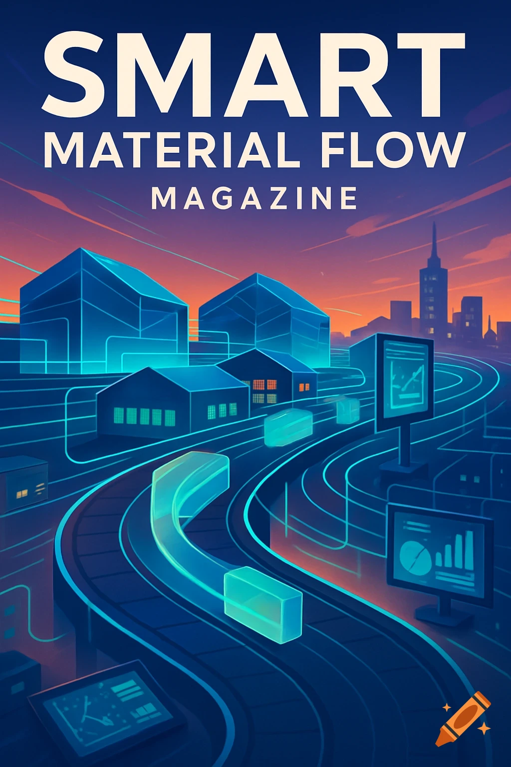 A stylized magazine cover for 'Smart Material Flow Magazine' depicting a futuristic industrial landscape with glowing blue transport lines, factories, and data screens under a sunset sky.