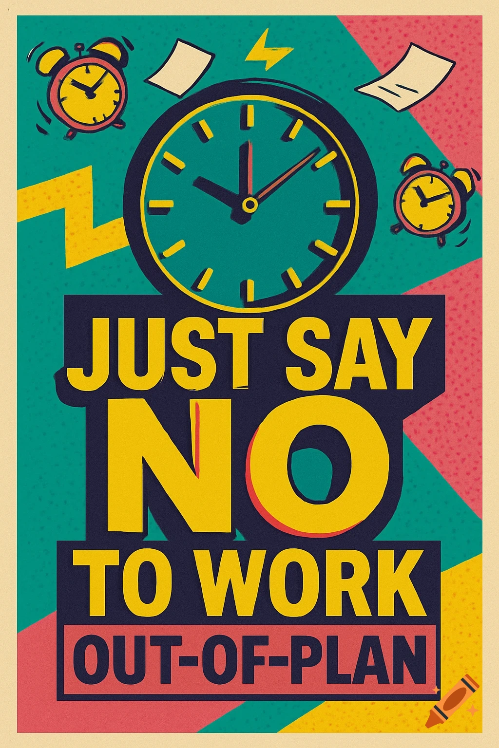 A retro-style poster with clocks and paper, featuring the bold text 'JUST SAY NO TO WORK OUT-OF-PLAN'.