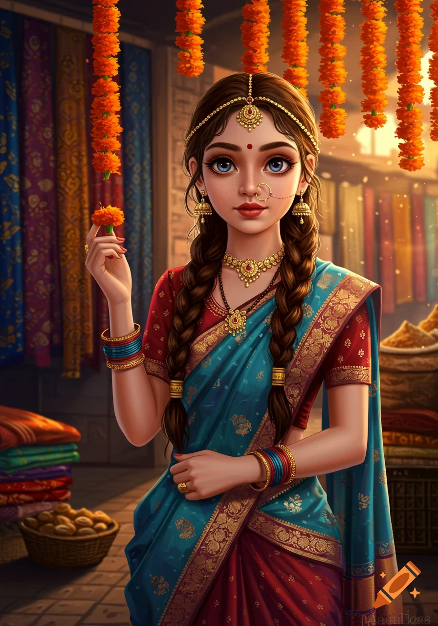 Stylized digital illustration of an Indian girl in traditional attire holding a marigold flower in a vibrant marketplace.