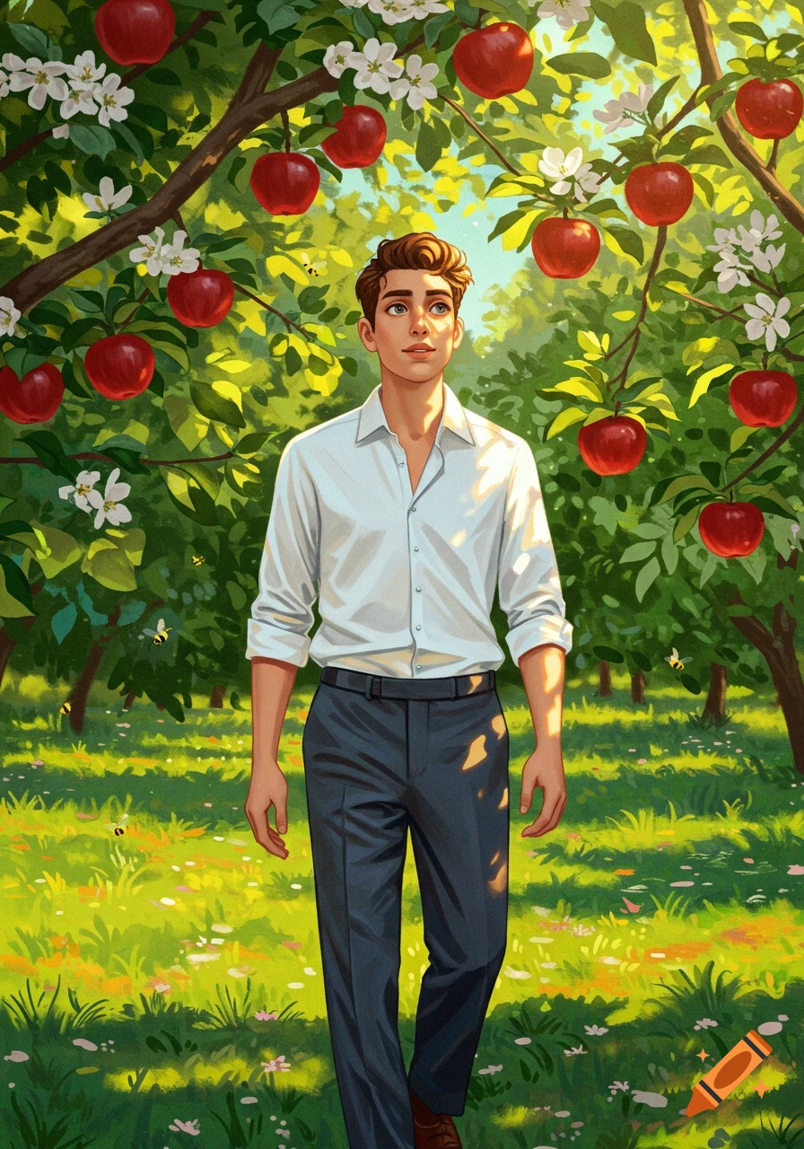 A young man in a white shirt and dark pants walks through a sunny apple orchard with red apples and white blossoms.