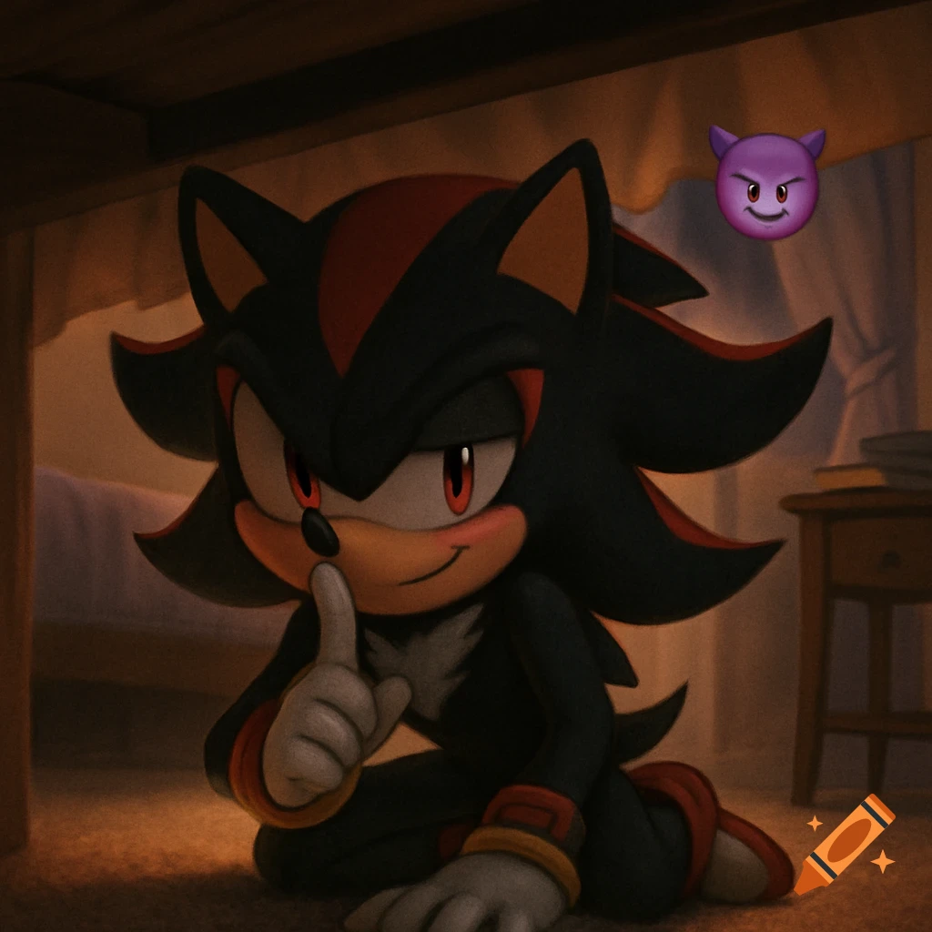 Shadow the Hedgehog kneels, finger over mouth, smirking under a bed with a devil emoji nearby.