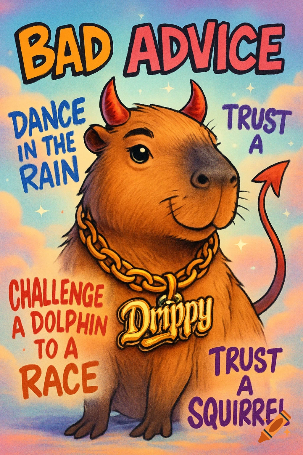 A colorful cartoon illustration of a capybara with devil horns, a tail, and a gold 'Drippy' chain, surrounded by text including 'BAD ADVICE'.