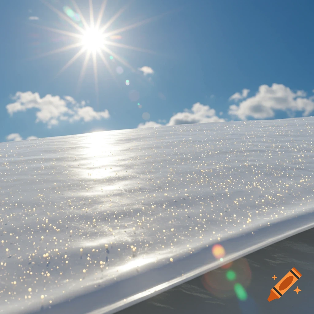 A bright sun shines over a sparkling white surface, resembling a membrane embedded with nanoparticles, under a clear blue sky.