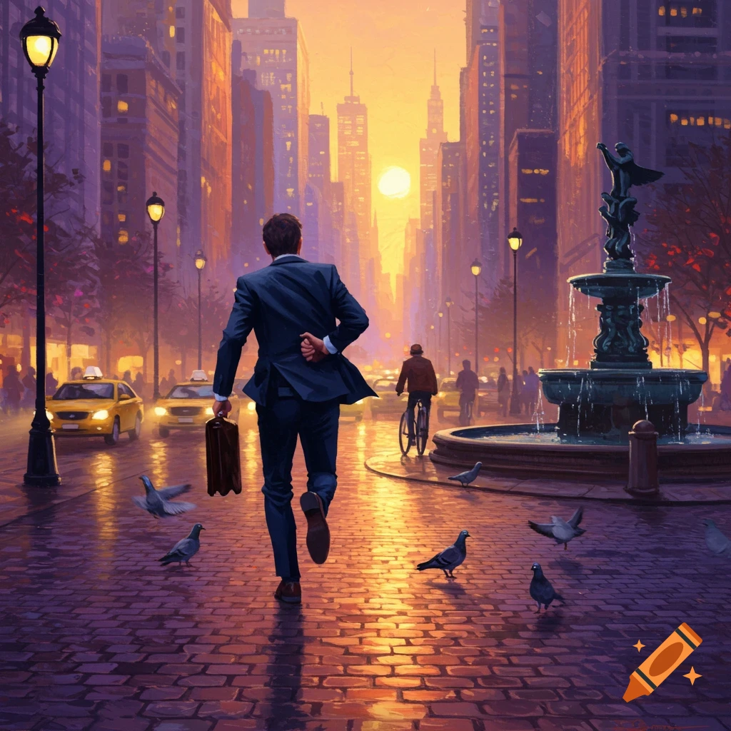 A man in a suit runs with a briefcase down a city street at sunset, past taxis and a fountain, in a painterly style.