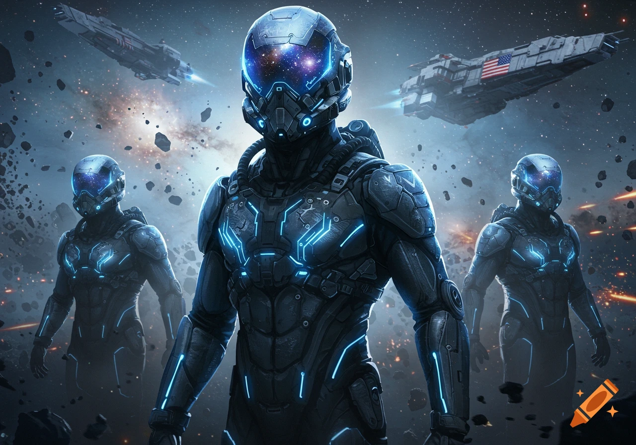 Three futuristic space pilots in glowing suits stand amidst asteroids and spaceships in a starry galaxy.