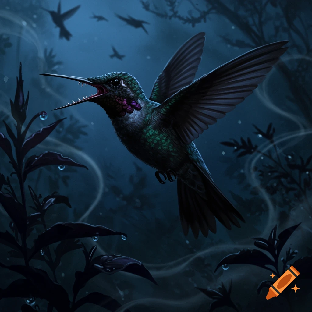 A menacing, dark-feathered hummingbird with sharp teeth and glowing red eyes flies through a dark, mystical forest at night.