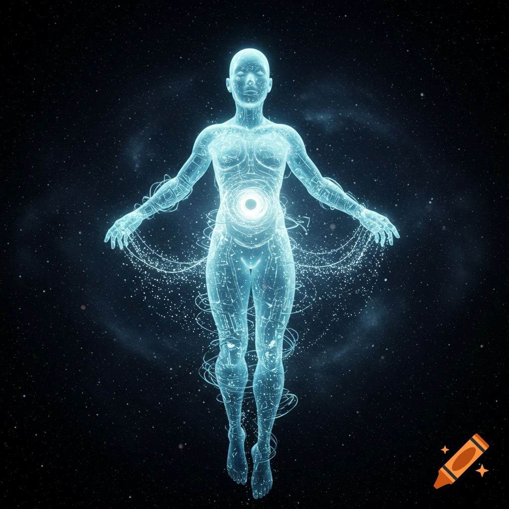 A glowing, translucent blue human figure made of circuit-like lines and particles floats in a starry cosmic background.
