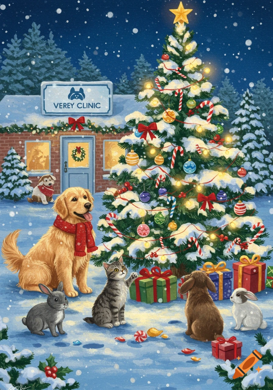 A charming Christmas illustration of animals in snow outside a decorated veterinary clinic, next to a festive Christmas tree.