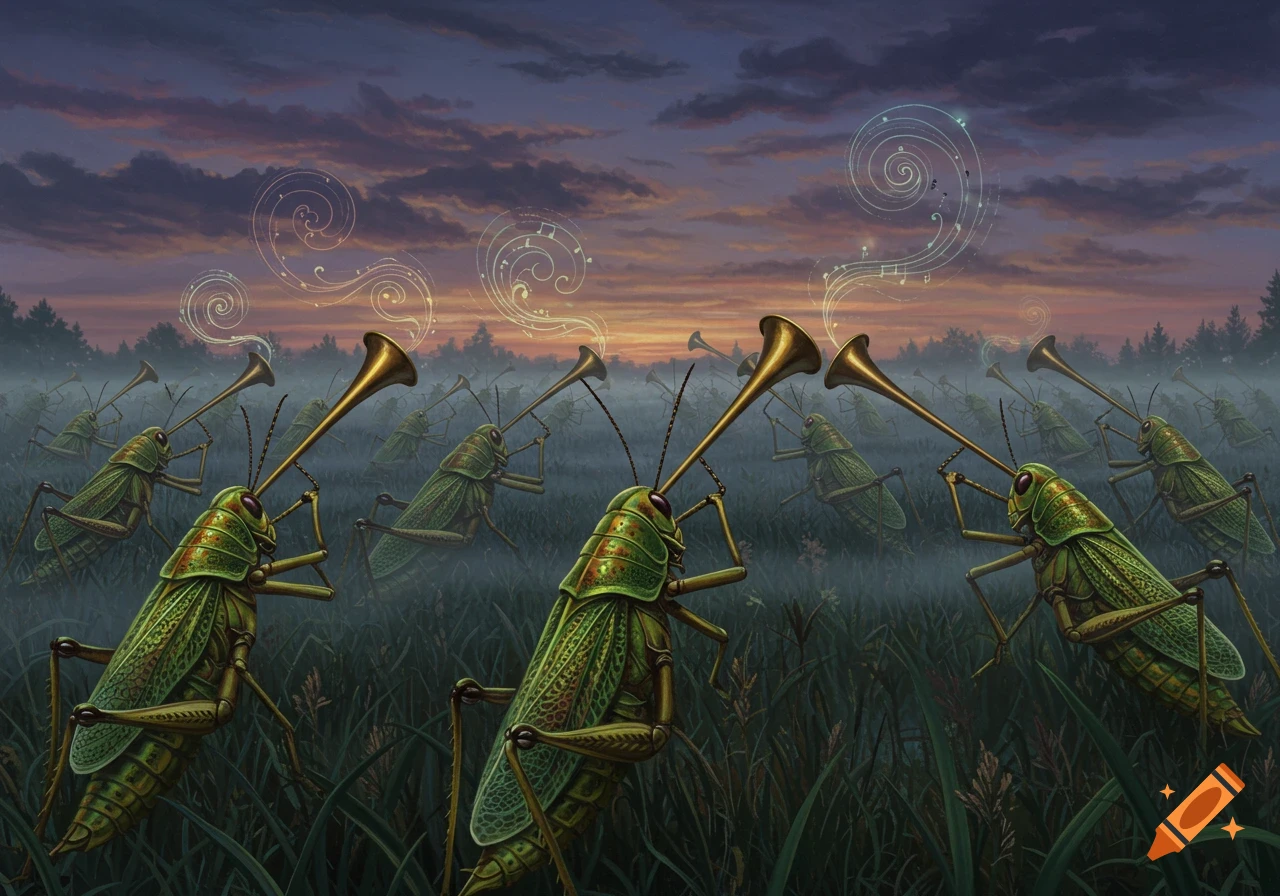 Detailed illustration of green grasshoppers in a misty field at sunset, each blowing a golden trumpet with musical notes swirling.