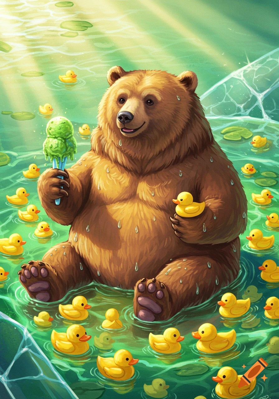 A smiling, muscular cartoon brown bear sits in a green pool filled with yellow rubber ducks, eating a melting green ice cream and holding a duck.