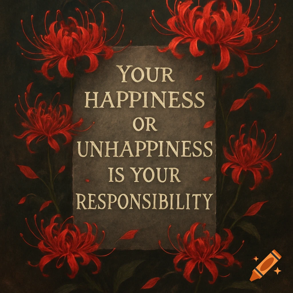 Red spider lilies frame a dark stone tablet with the quote 'YOUR HAPPINESS OR UNHAPPINESS IS YOUR RESPONSIBILITY' in white text.