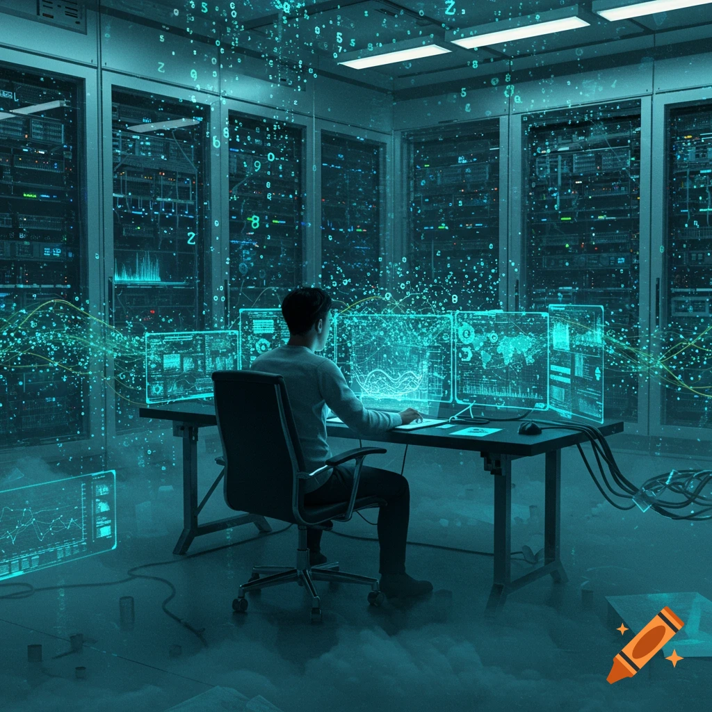 A person in a dark, glowing server room works at a desk with multiple monitors displaying data and charts, surrounded by floating digital numbers.