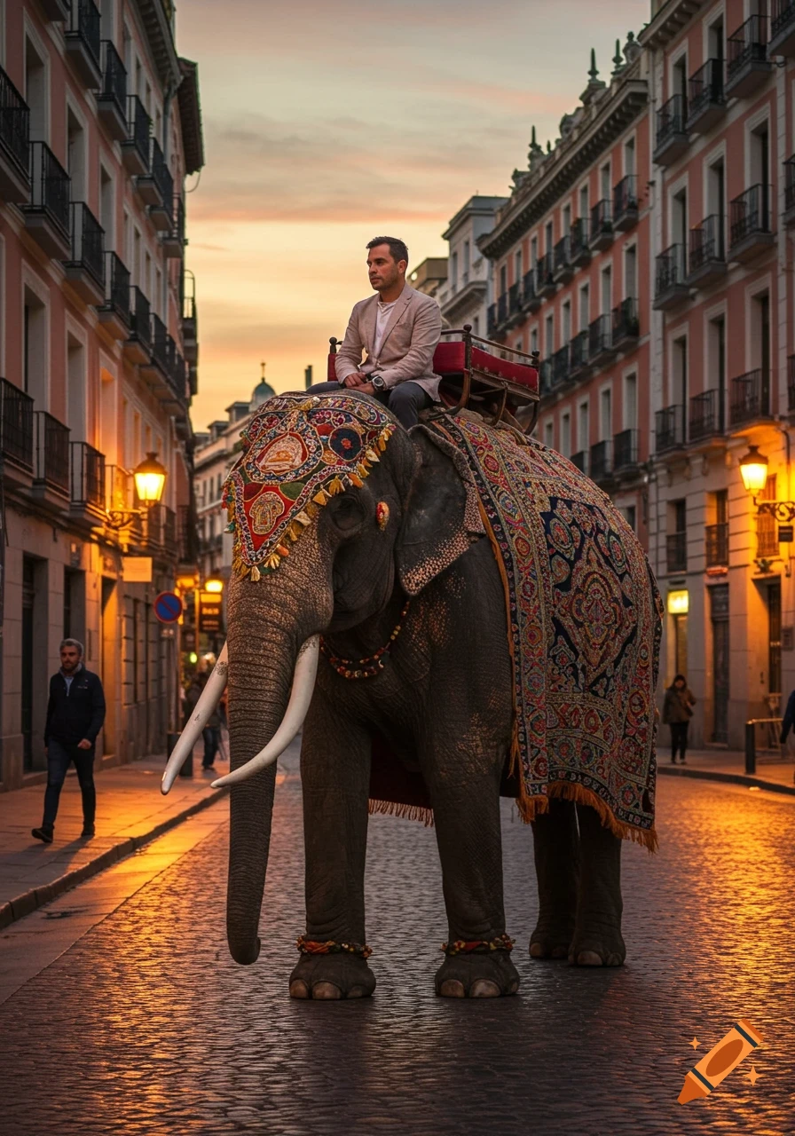 A man rides a richly decorated elephant down a cobblestone street lined with buildings at dusk, streetlights glowing.