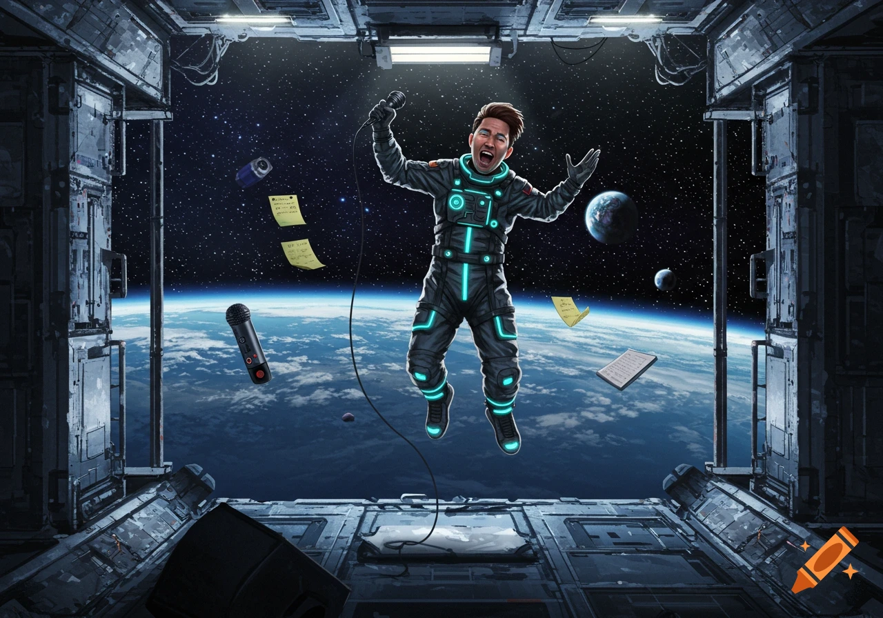 A stand-up comic in a glowing blue and black space suit sings while floating in a spaceship, with Earth and stars visible outside the window.