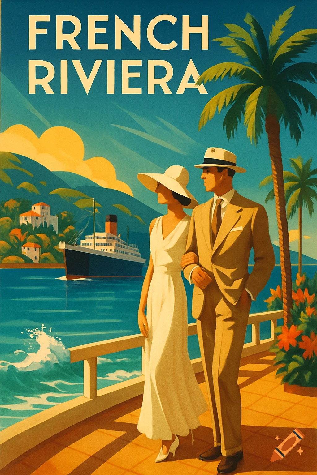 Art Deco travel poster for the French Riviera, showing a couple walking on a promenade by the sea with a cruise ship and palm trees.