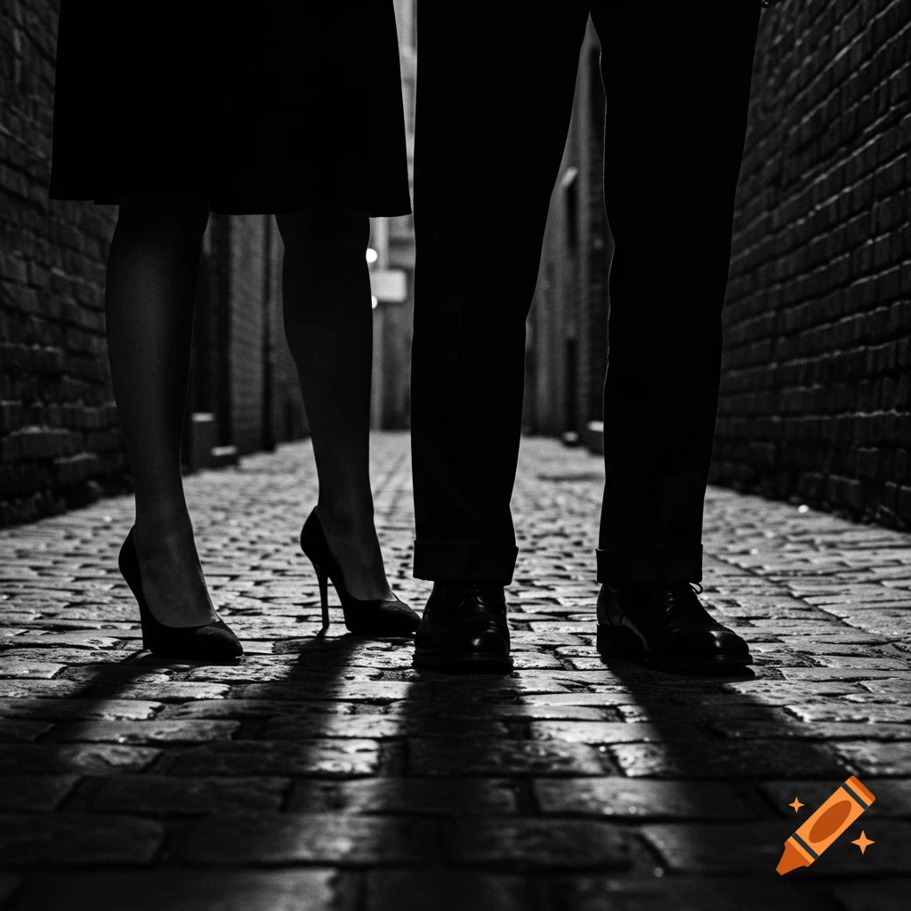 High-contrast black and white photo of a man and woman's legs and feet in a dark, wet cobblestone alley.