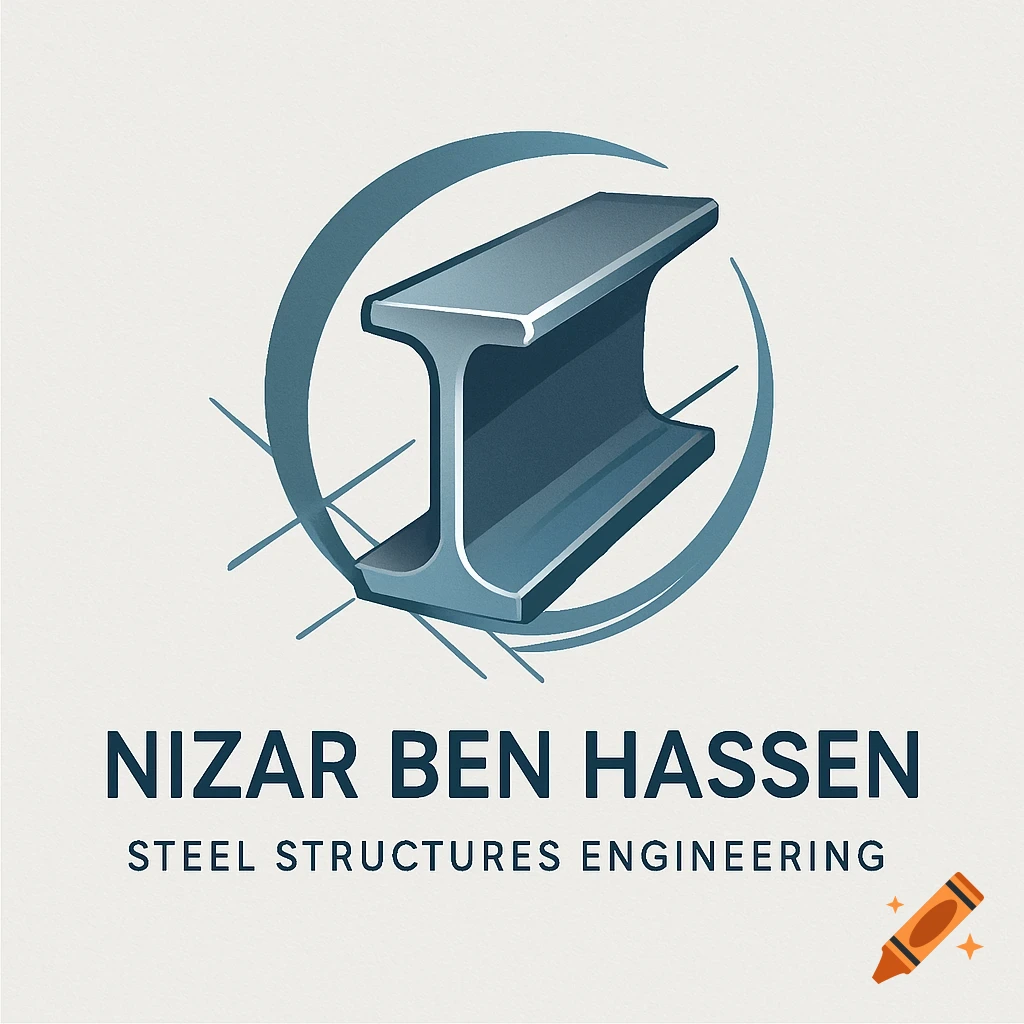 A logo featuring a stylized blue I-beam within a circular arc and lines, with text 'NIZAR BEN HASSEN' and 'STEEL STRUCTURES ENGINEERING'.