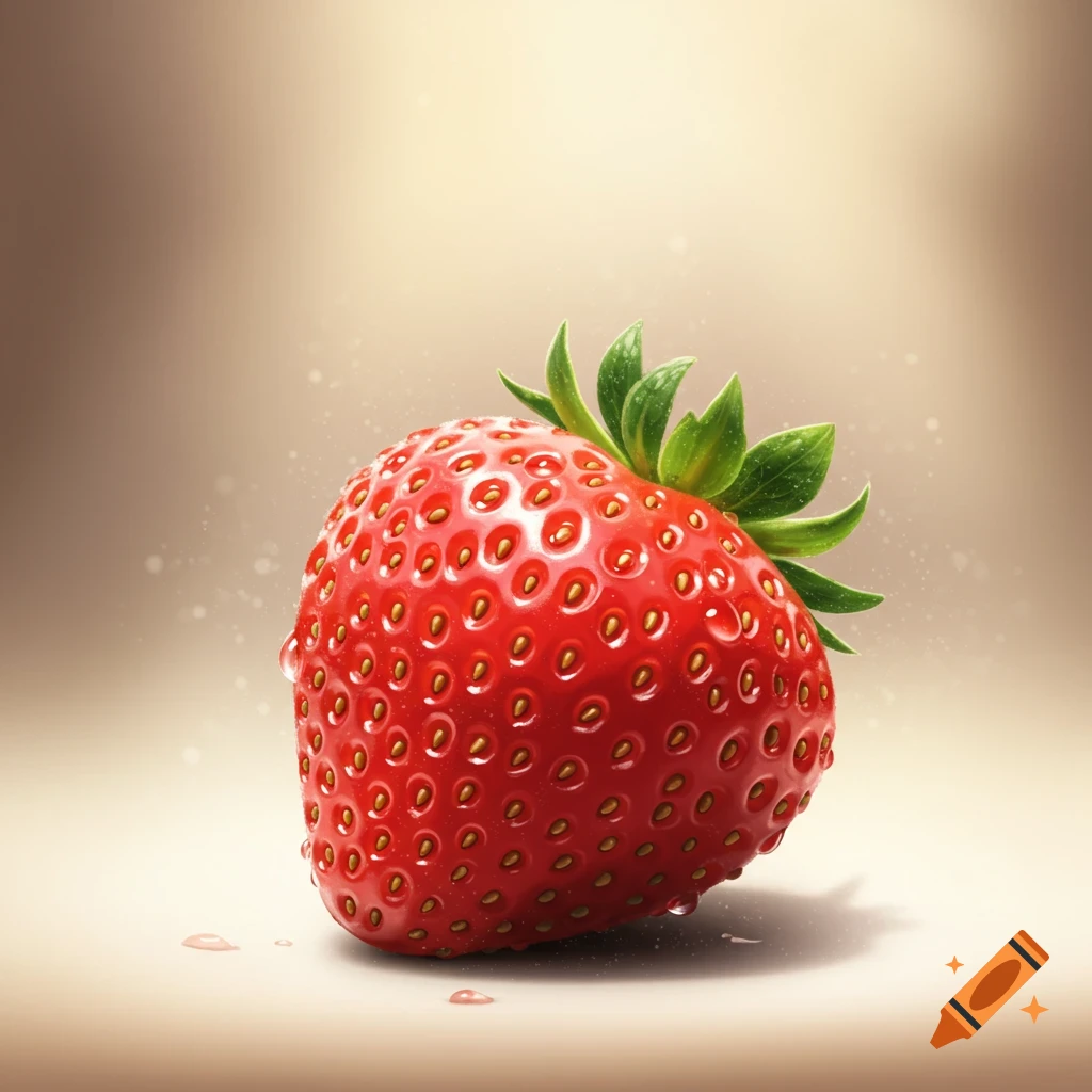 A vibrant red strawberry with green leaves and water droplets sits on a light brown surface with a soft glow.