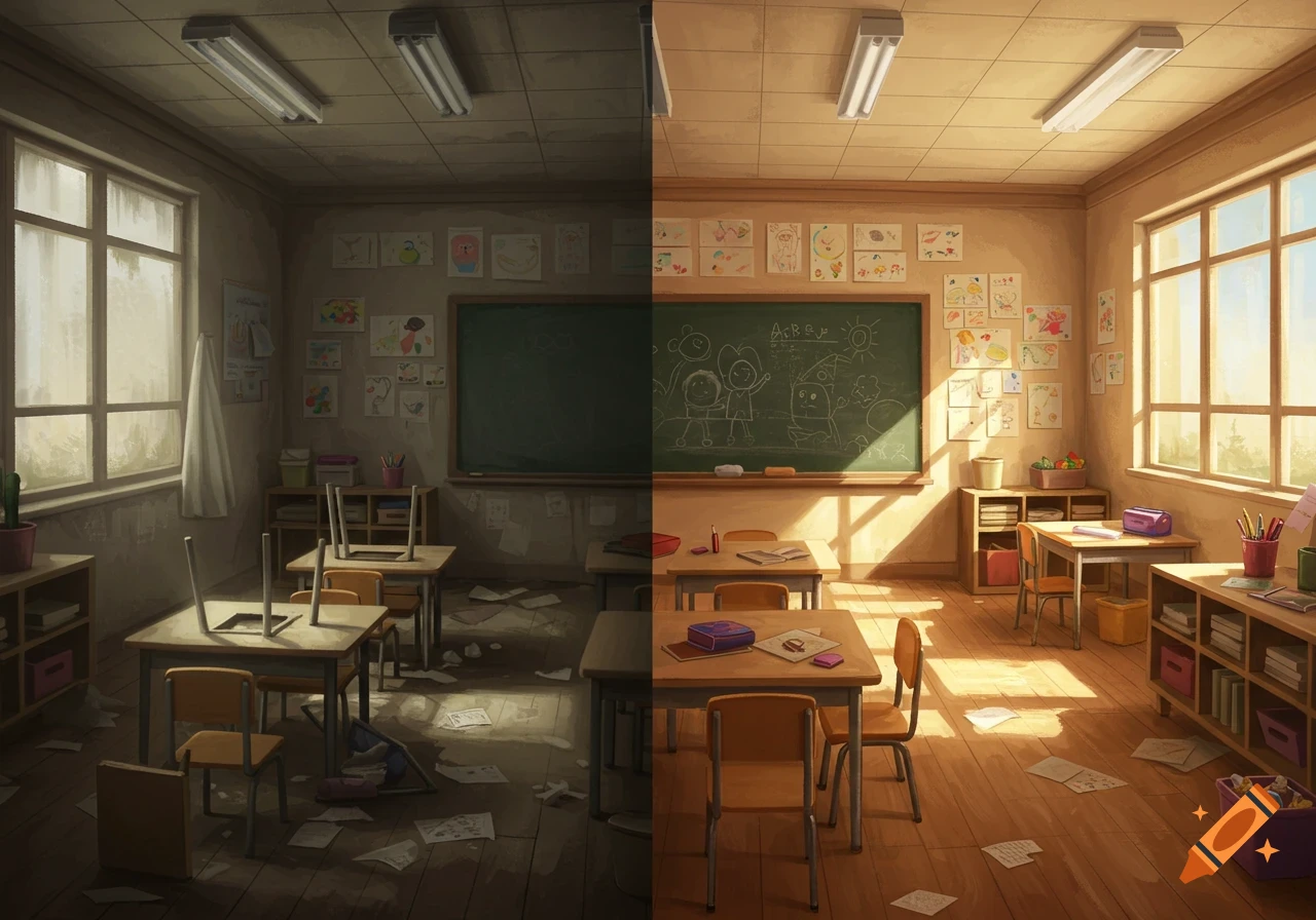A split image showing a messy, dark preschool classroom on the left and a clean, brightly lit classroom on the right, in an animated style.