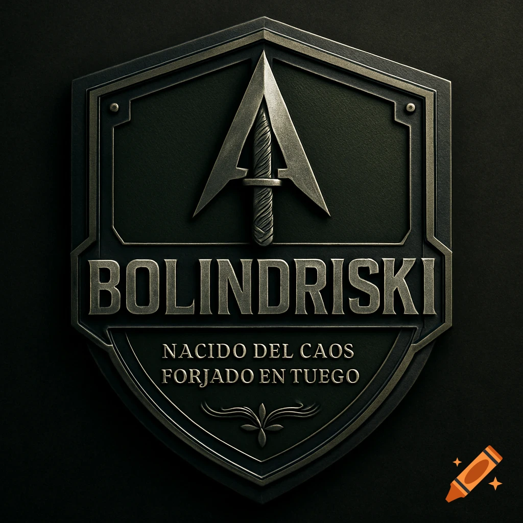 A metallic tactical military shield emblem with an arrow design, text 'BOLINDRISKI', and a motto, on a dark background.