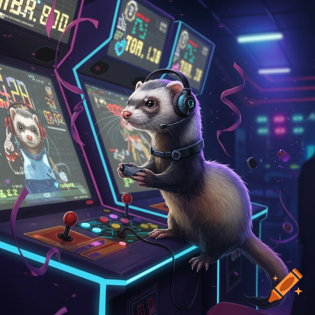 A detailed illustration of a ferret wearing a headset and playing a video game at a neon-lit arcade machine.