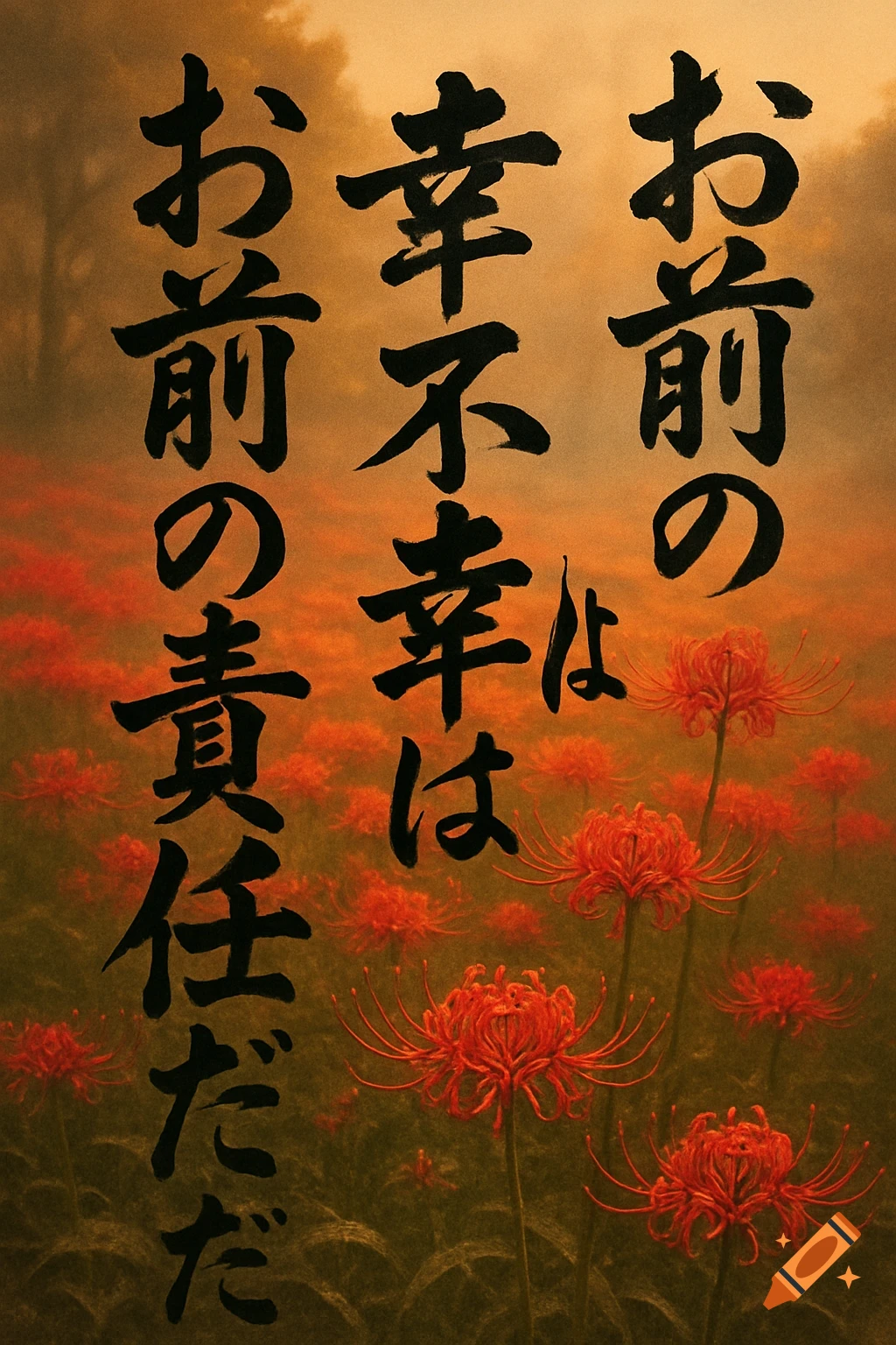 Japanese calligraphy over a field of vibrant red spider lilies against an orange, hazy background.