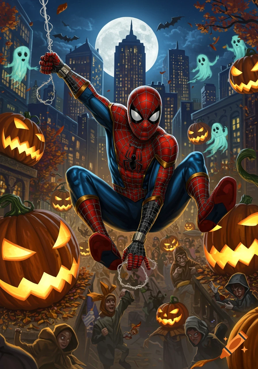 Spider-Man swings over a Halloween city street at night, surrounded by jack-o'-lanterns, ghosts, and trick-or-treaters, under a full moon.