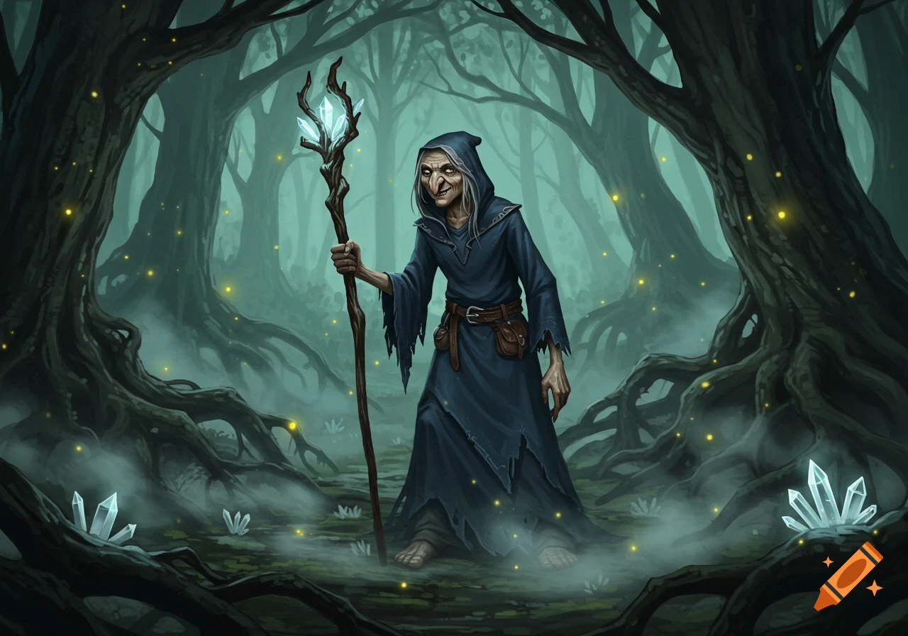 A hag-like witch with a hooked nose and a staff stands in a misty, dark fantasy forest with glowing lights and crystals.