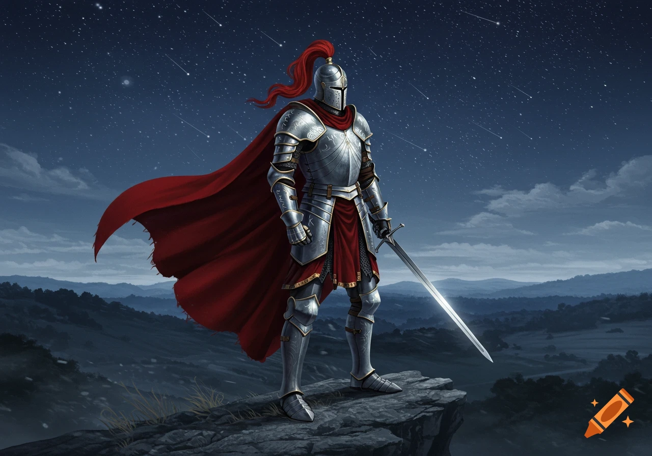 Knight in silver armor and red cape stands on a rocky cliff under a starry night sky with shooting stars.