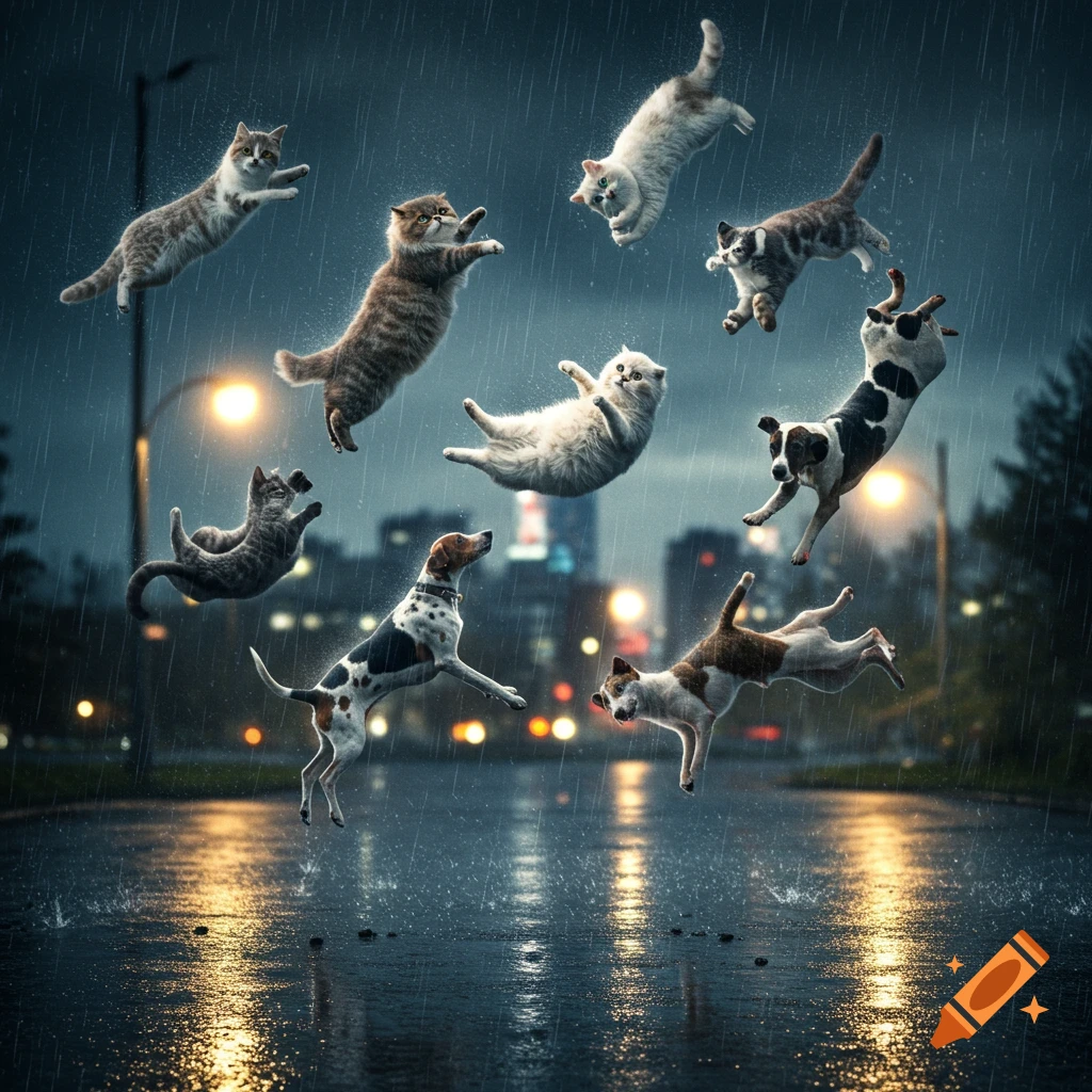 Cats and dogs fall from a rainy night sky onto a wet city street, illuminated by streetlights.