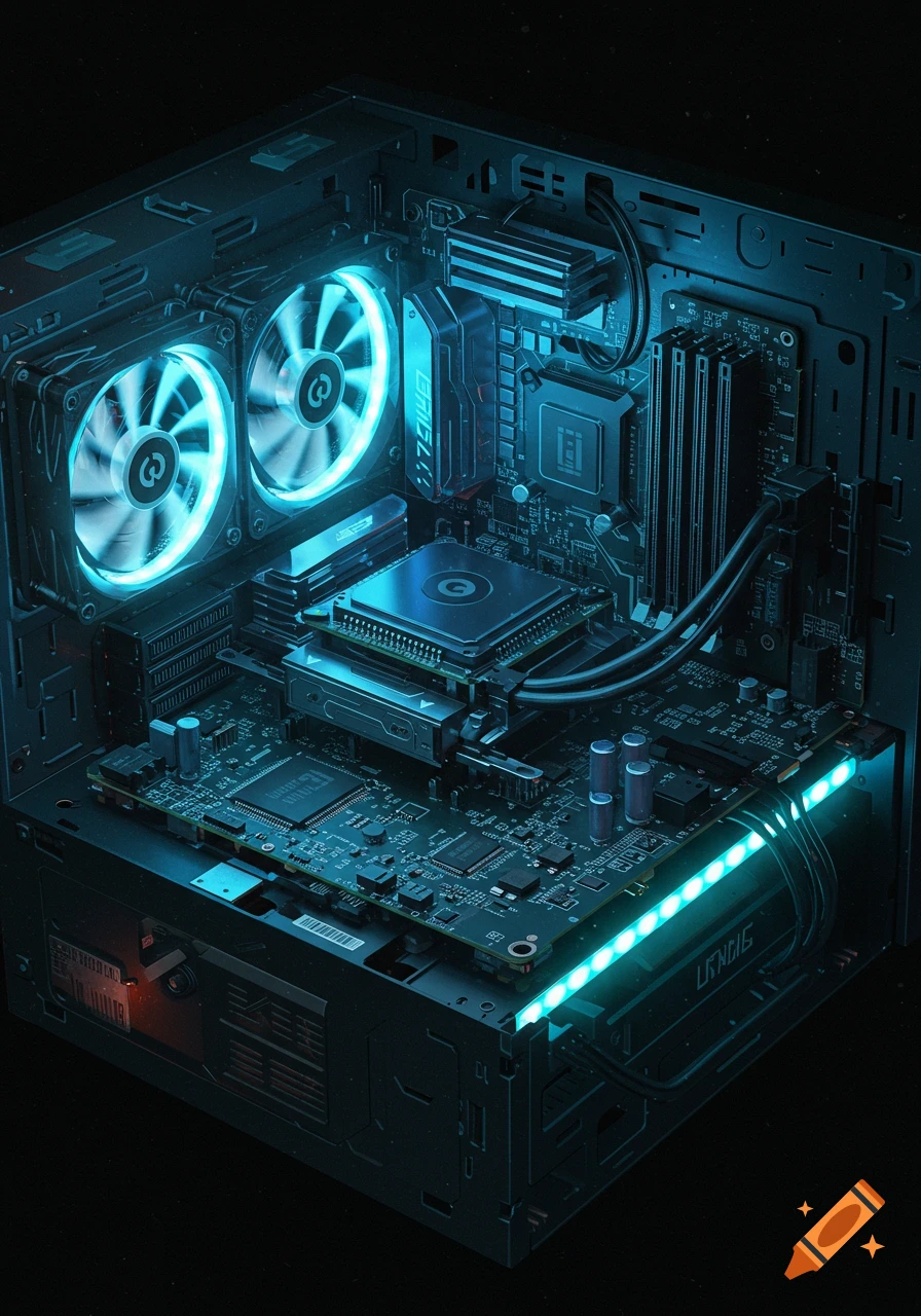 An open desktop computer case revealing internal components illuminated by bright blue LEDs, in a stylized, dark setting.